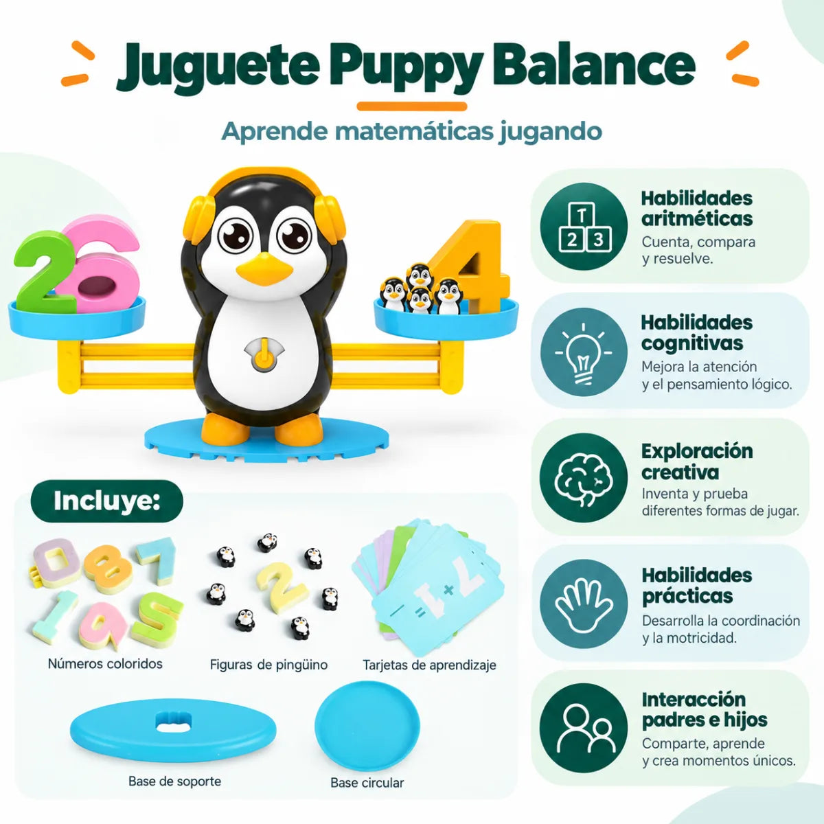 Juguete de balanza matemática para niños que permite comparar cantidades y equilibrar números