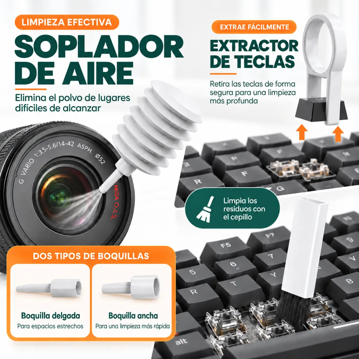 Soplador de aire para limpieza de teclados, cámaras y dispositivos electrónicos con accesorios intercambiables