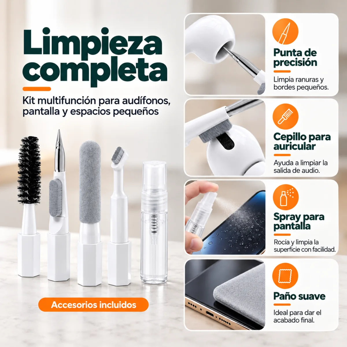 Kit de limpieza para teclado, audífonos y pantallas con herramientas compactas y organizadas
