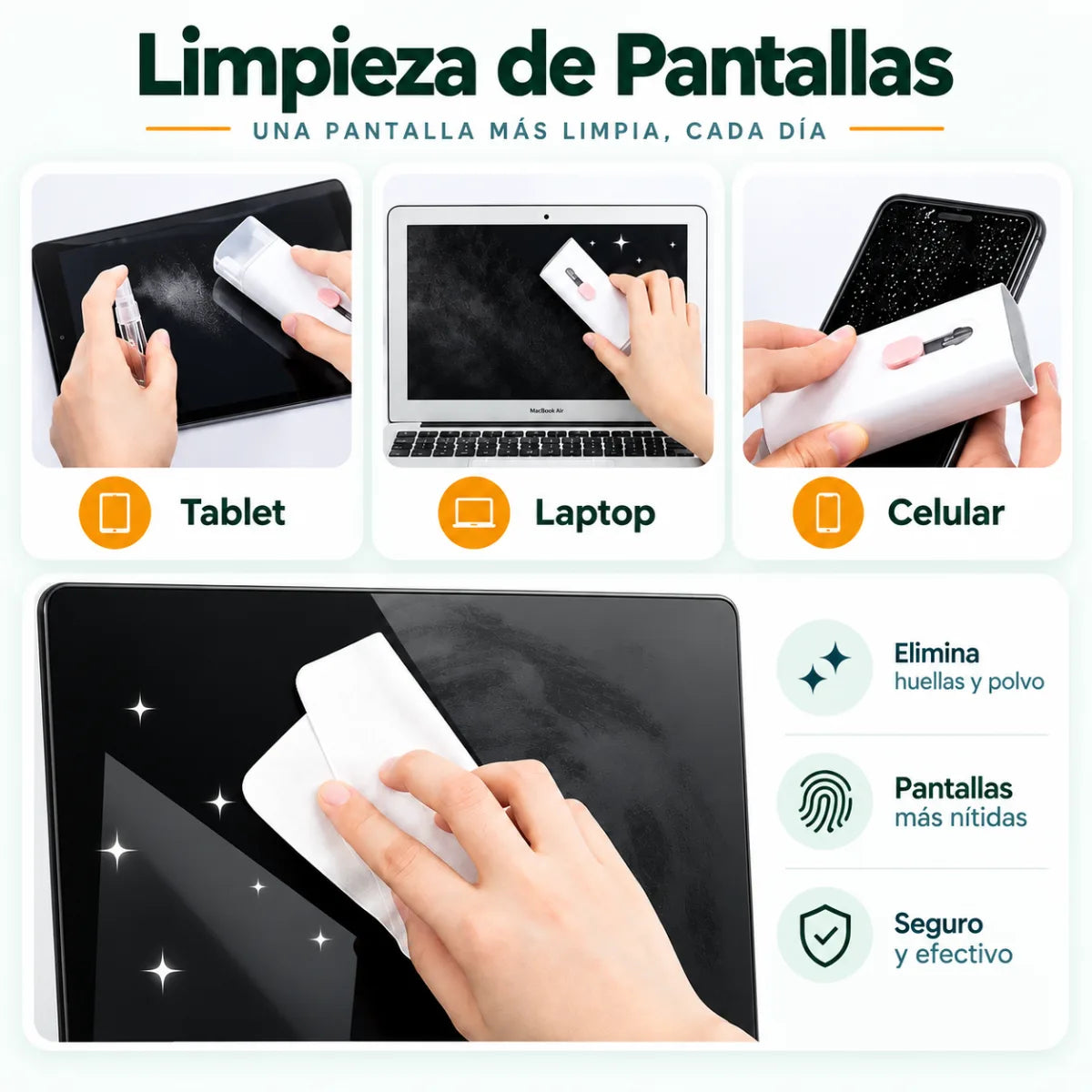 Limpiador de pantallas para celular, tablet y computadora con herramienta de limpieza suave