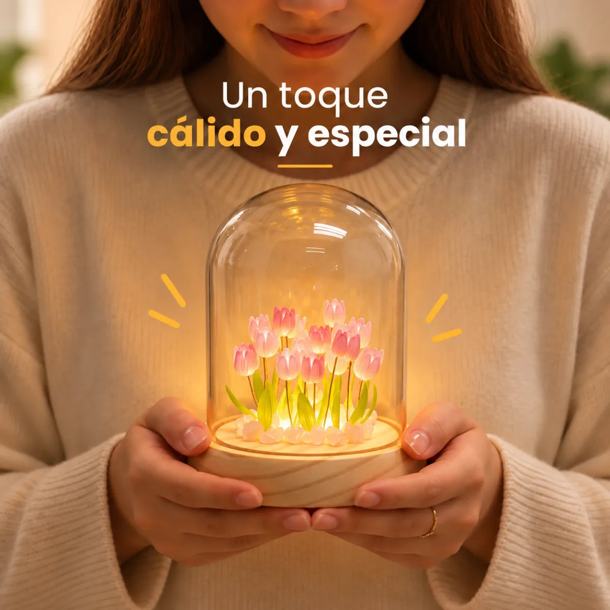 Lámpara de tulipanes con luz LED sostenida en las manos como decoración cálida para el hogar