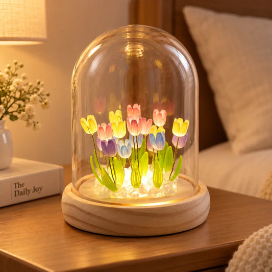 Lámpara decorativa de tulipanes con luz LED, cúpula transparente y base efecto madera