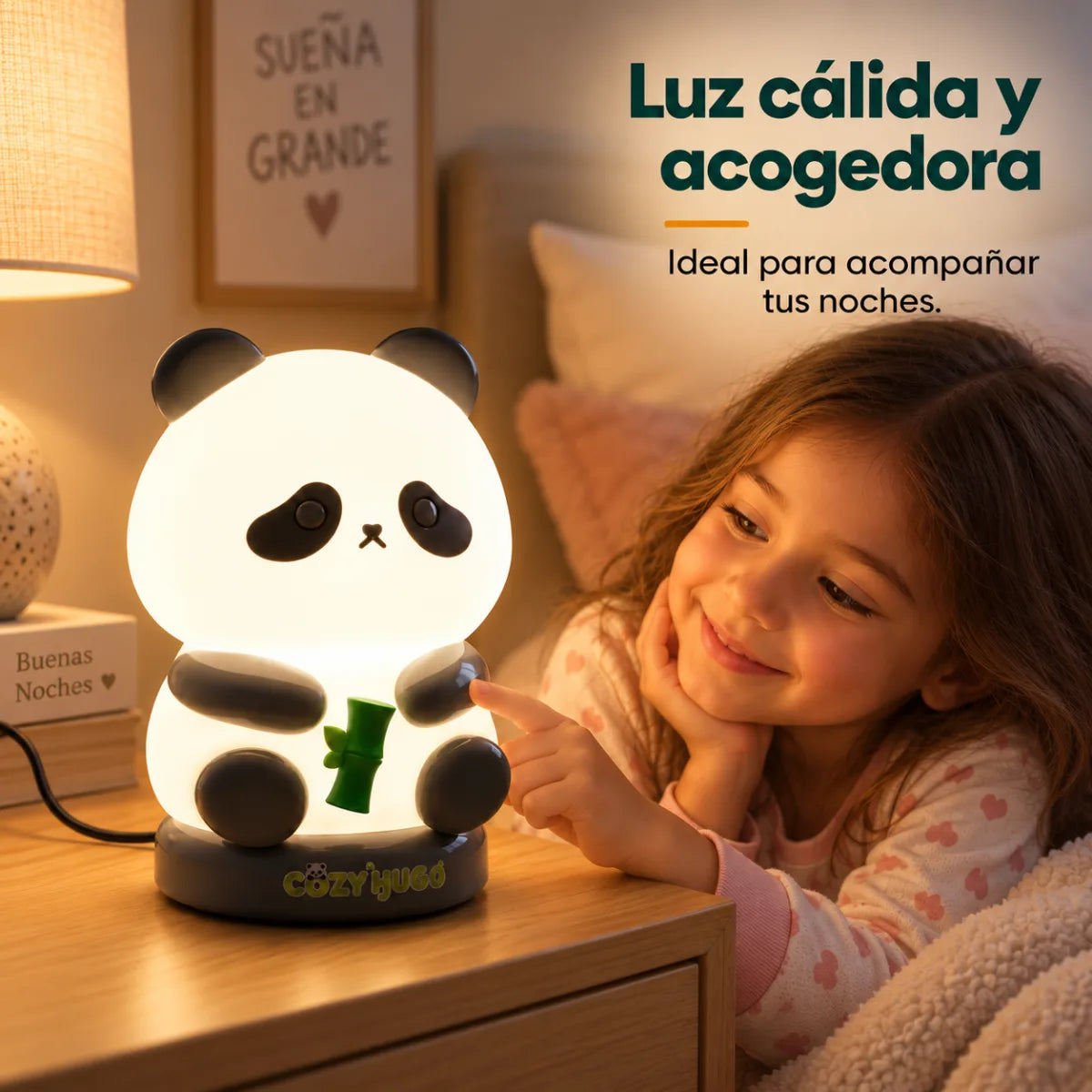 Lámpara panda con luz cálida y acogedora utilizada como iluminación nocturna en dormitorio infantil