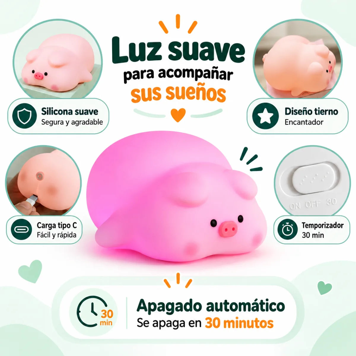 Lámpara infantil de cerdito con luz suave y cálida para acompañar el descanso durante la noche