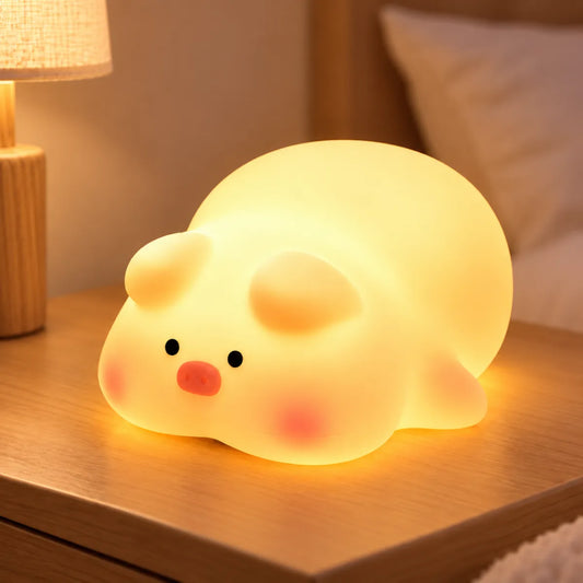 Lámpara nocturna de cerdito con luz LED cálida y diseño infantil para dormitorio