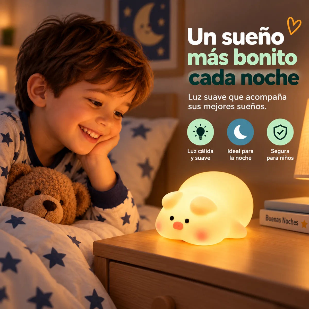 Luz nocturna de cerdito utilizada junto a la cama para crear un ambiente acogedor en dormitorio infantil