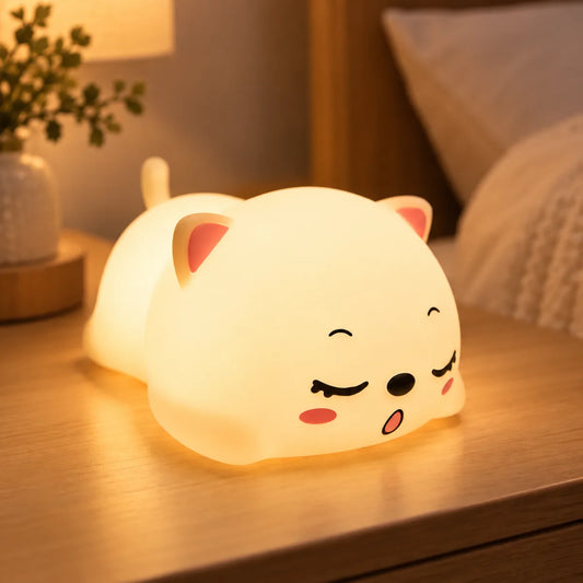 Lámpara nocturna de gatito con luz LED cálida y diseño de silicona para dormitorio infantil