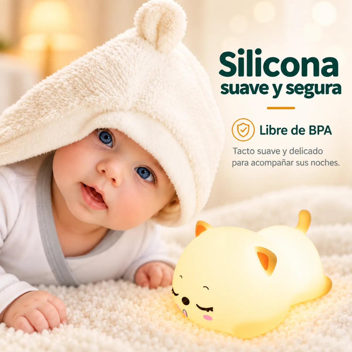 Lámpara de gatito fabricada en silicona suave y flexible con iluminación LED para niños