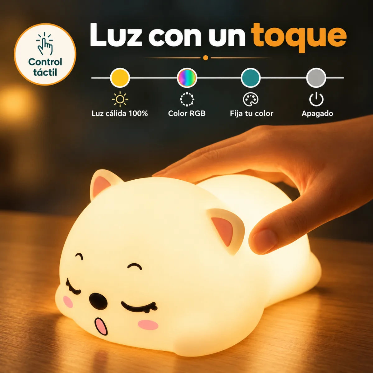 Lámpara infantil de gato con control táctil para encender y cambiar la iluminación fácilmente