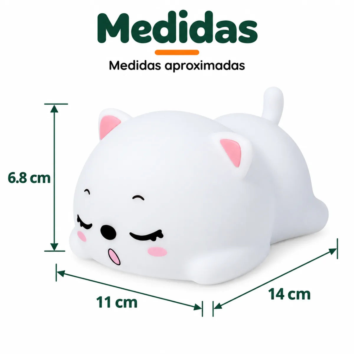 Lámpara nocturna de gatito de aproximadamente 14 cm de ancho, 11 cm de largo y 6.8 cm de alto