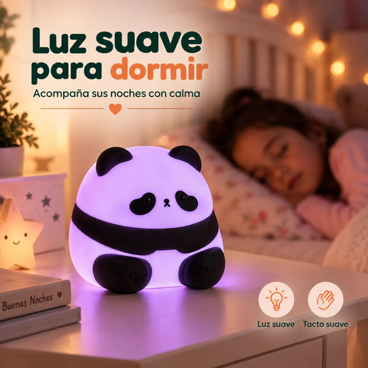 Lámpara panda con luz suave multicolor para acompañar el descanso durante la noche