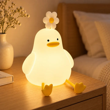 Lámpara nocturna de pato con luz LED cálida y flor decorativa para dormitorio infantil