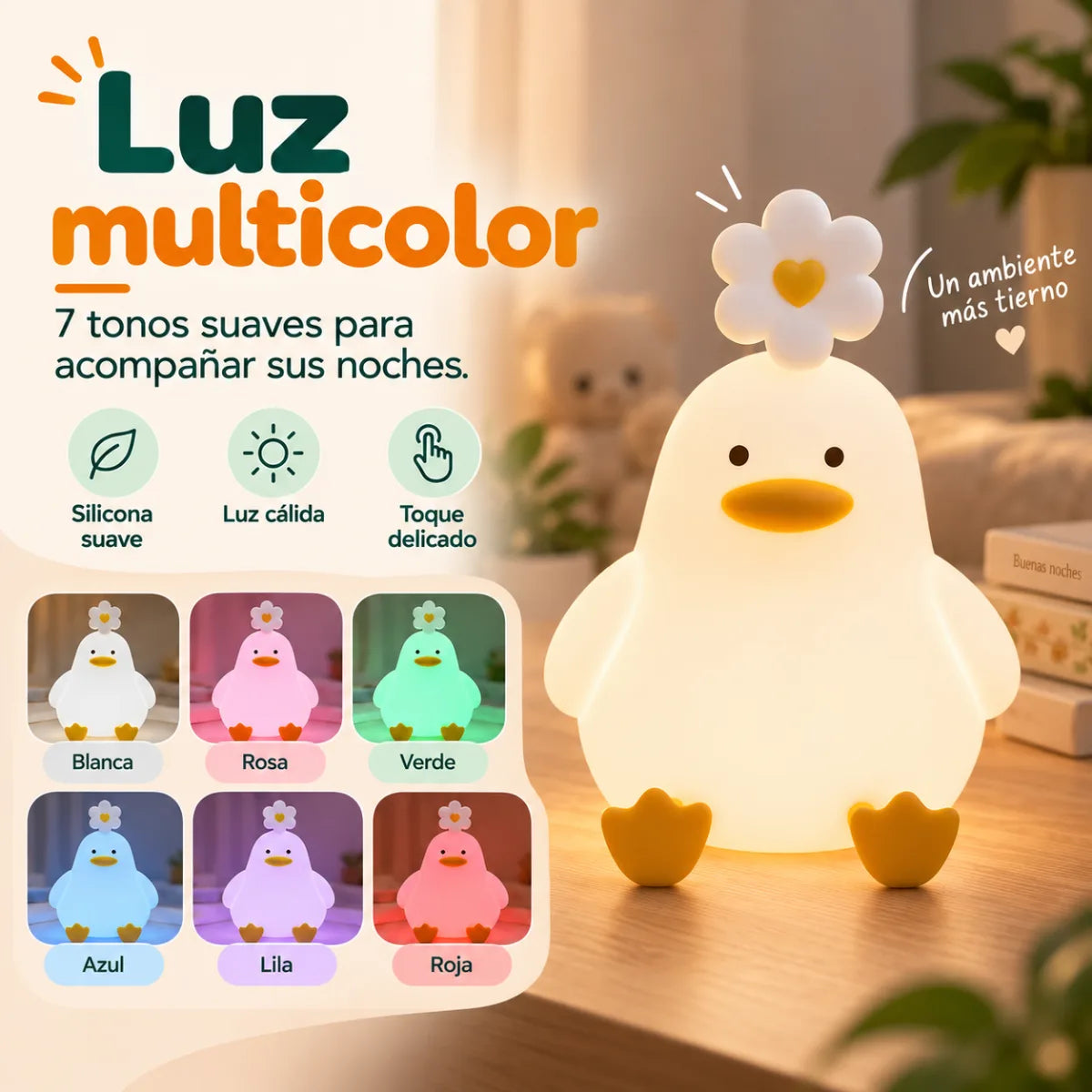 Lámpara nocturna de pato con luz LED multicolor y diferentes tonos de iluminación