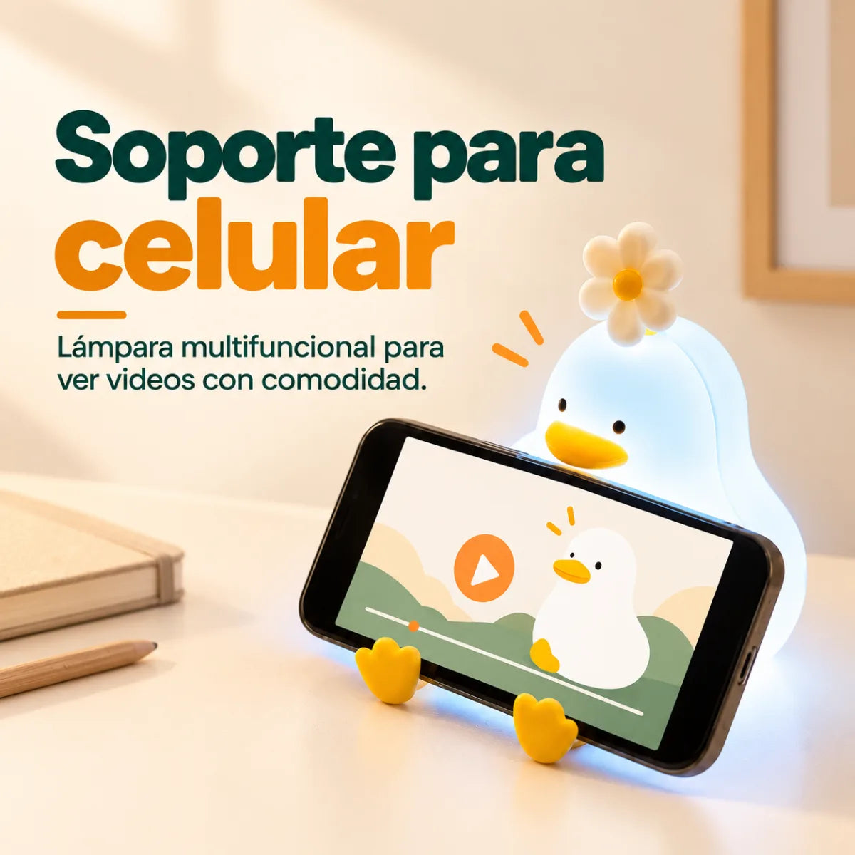 Lámpara de pato con soporte para celular integrado para colocar el teléfono mientras se usa