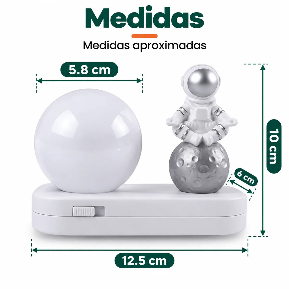 Medidas de la lámpara decorativa de astronauta con esfera LED y base compacta