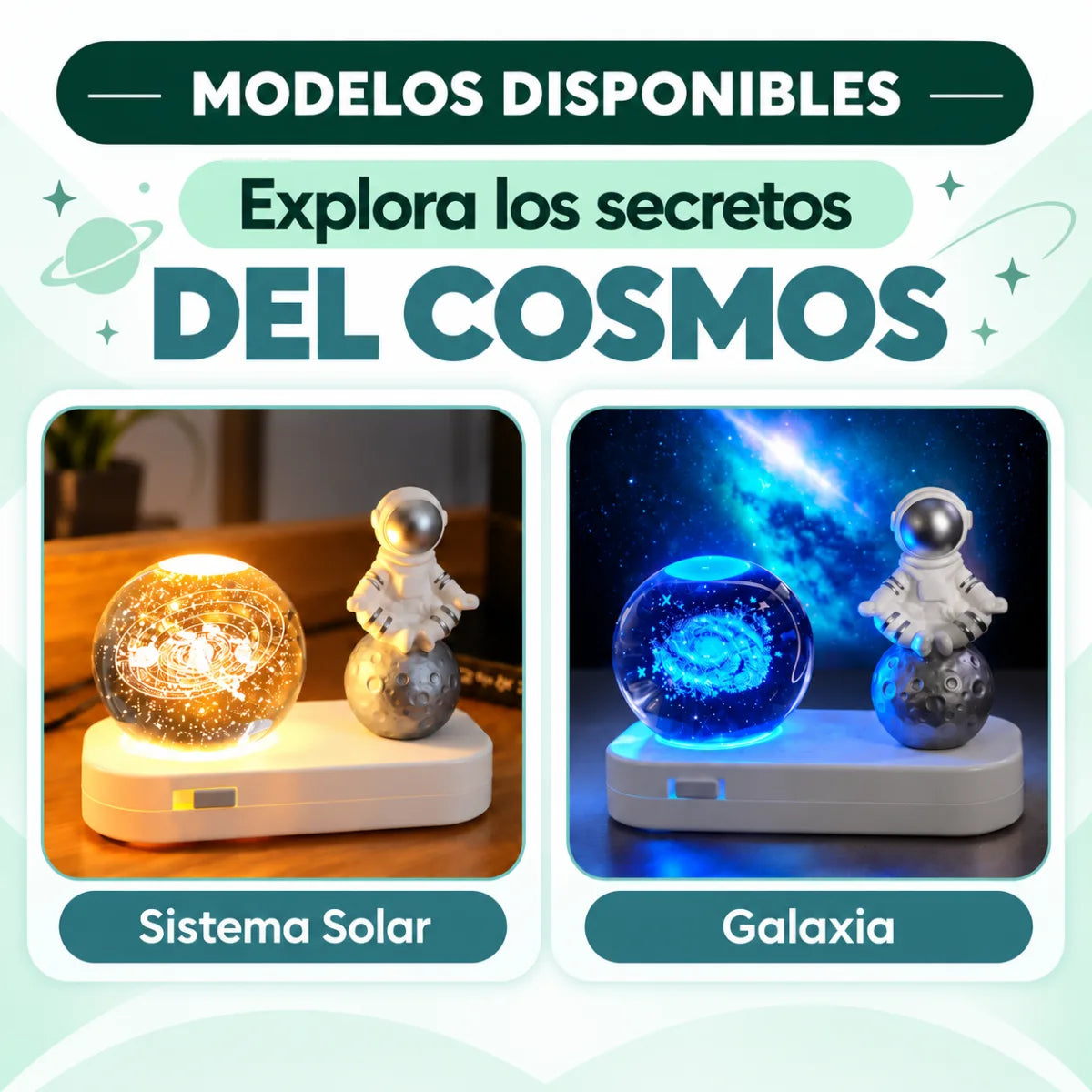 Lámpara espacial con diferentes colores de luz LED y diseño decorativo de astronauta