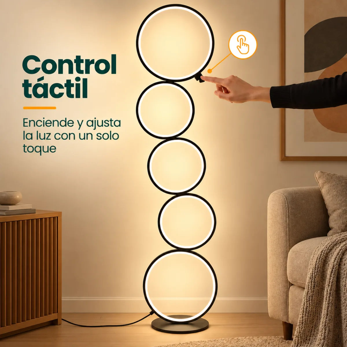 Lámpara de pie LED con control táctil para encender y ajustar la iluminación fácilmente