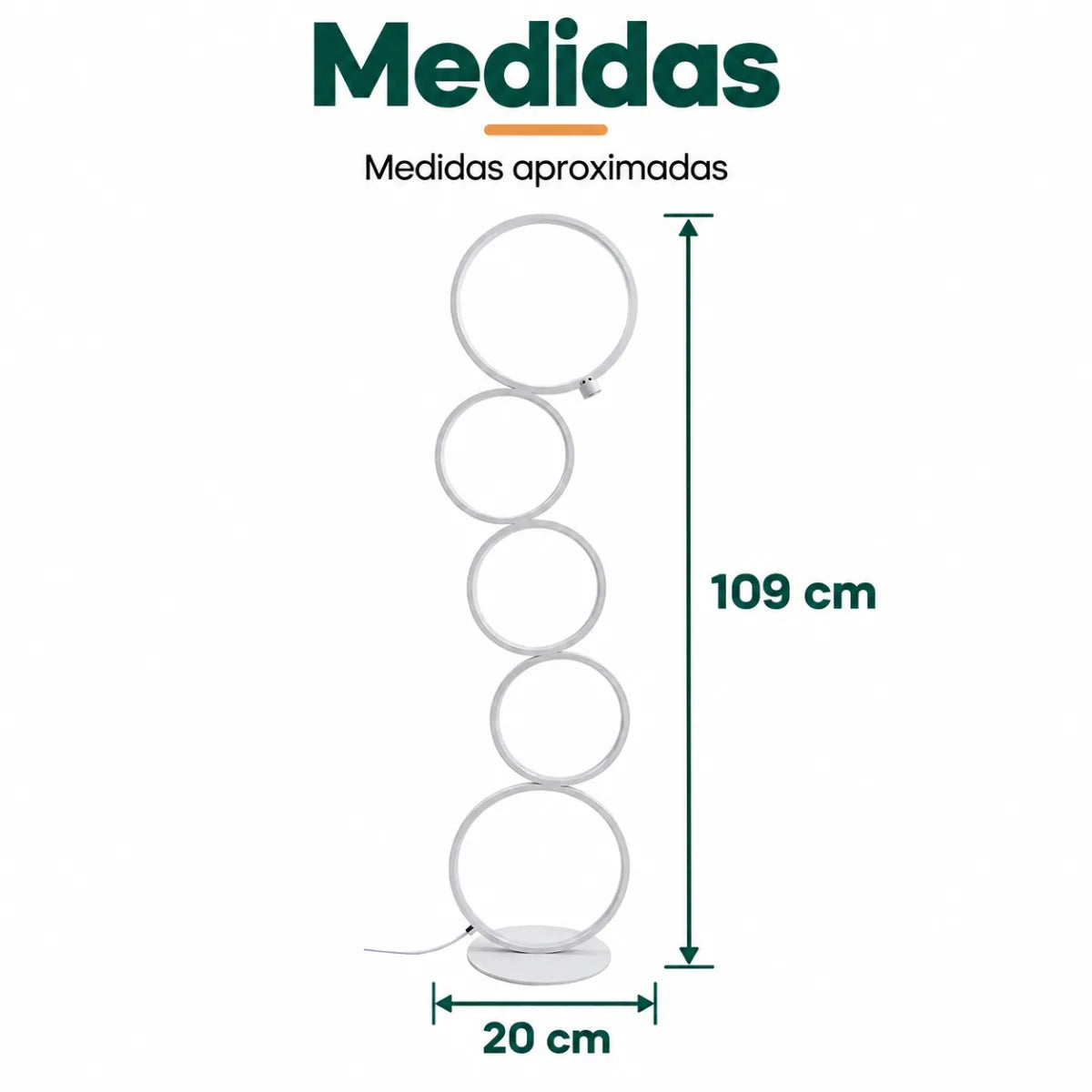 Lámpara de pie LED con diseño de aros de 109 cm de alto y base de 20 cm