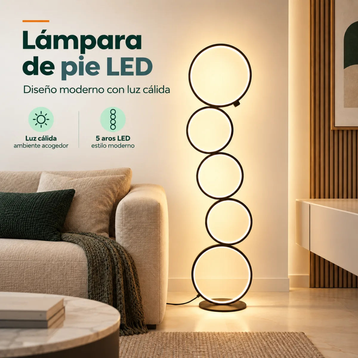 Lámpara de piso LED con cinco aros iluminados y diseño moderno para interiores