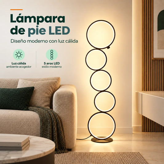 Lámpara de piso LED con cinco aros iluminados y diseño moderno para interiores