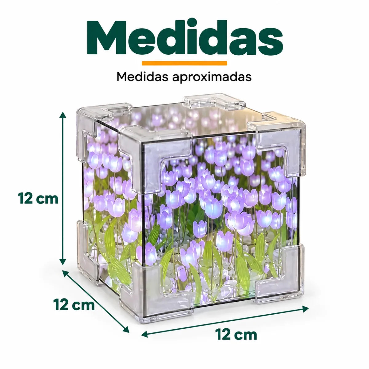 Lámpara decorativa de tulipanes LED en cubo acrílico de 12 cm de alto, 12 cm de ancho y 12 cm de fondo