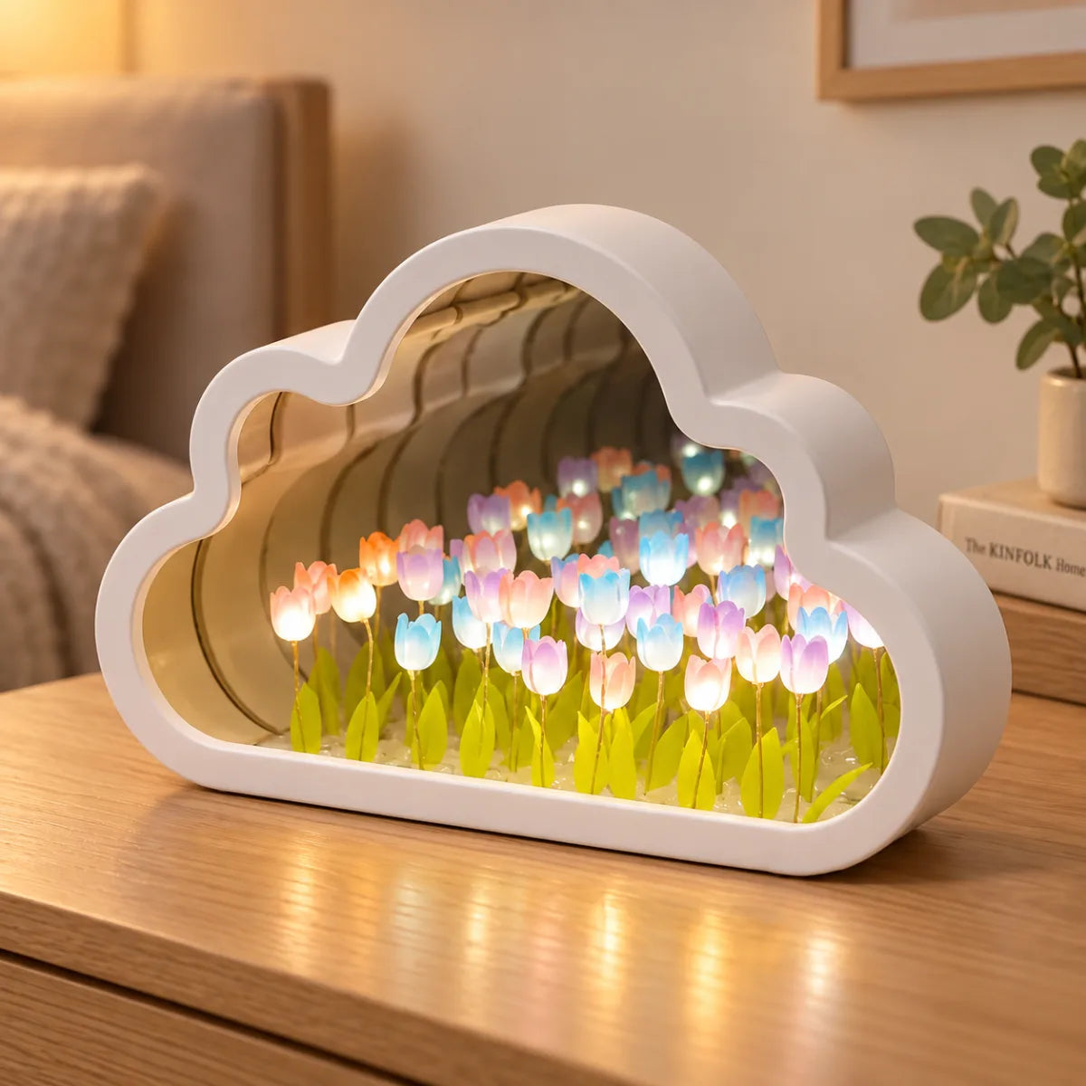 Lámpara decorativa de tulipanes LED con forma de nube y flores multicolor iluminadas