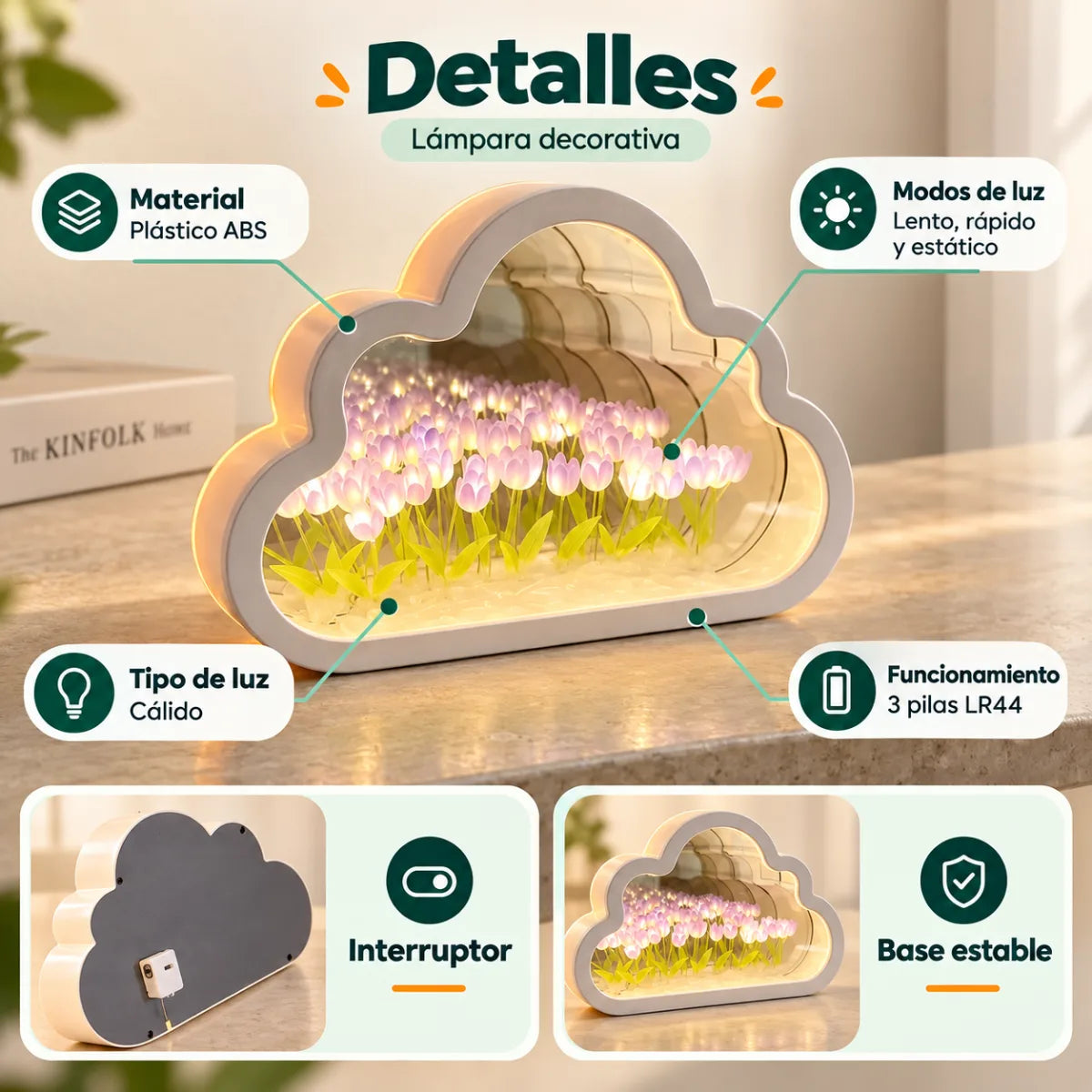 Lámpara decorativa de flores LED con estructura en forma de nube y tulipanes iluminados