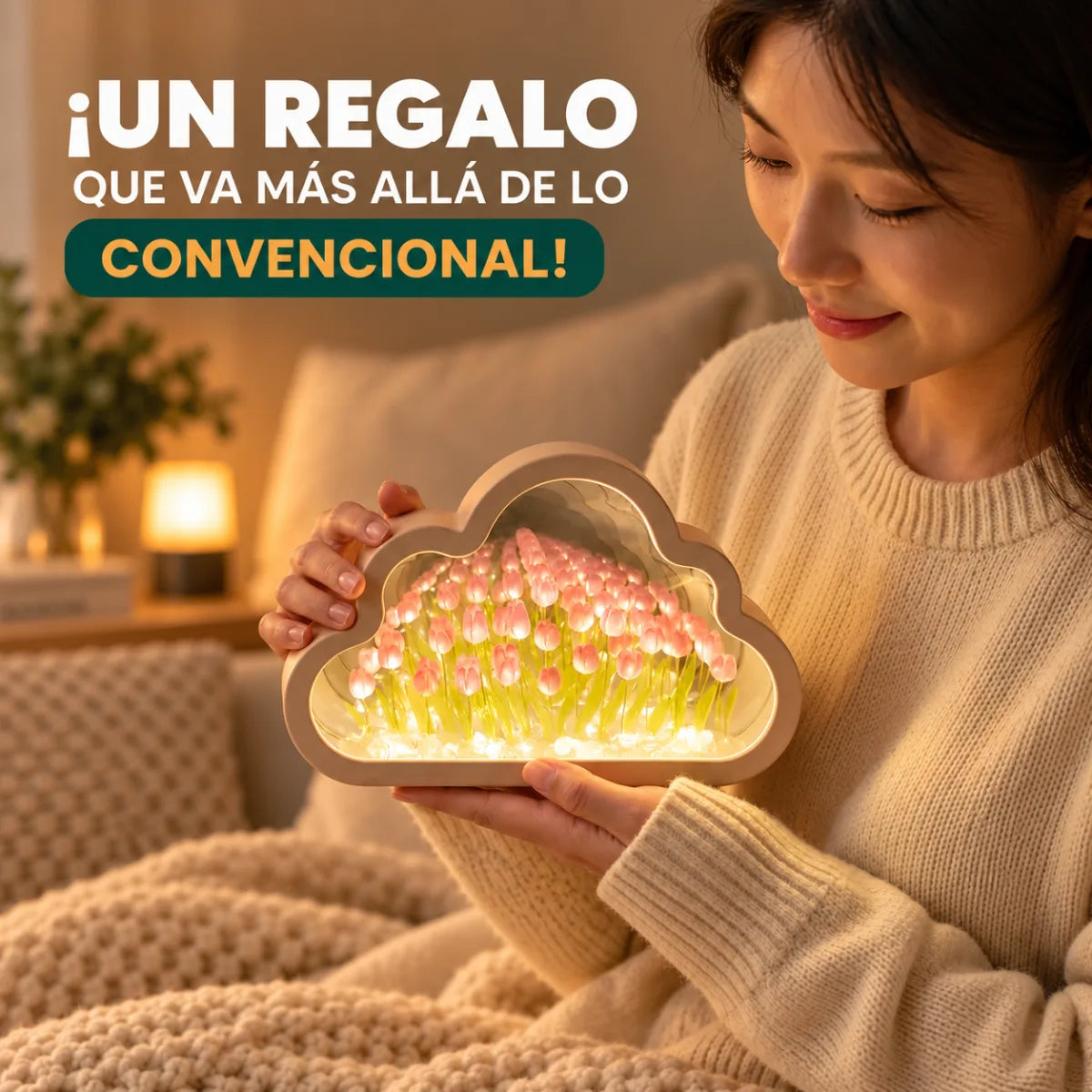 Lámpara de tulipanes con luz LED cálida y diseño de nube para decorar dormitorio o regalar