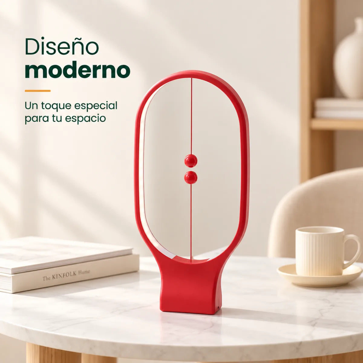 Lámpara LED de mesa color rojo con diseño ovalado y sistema magnético de encendido