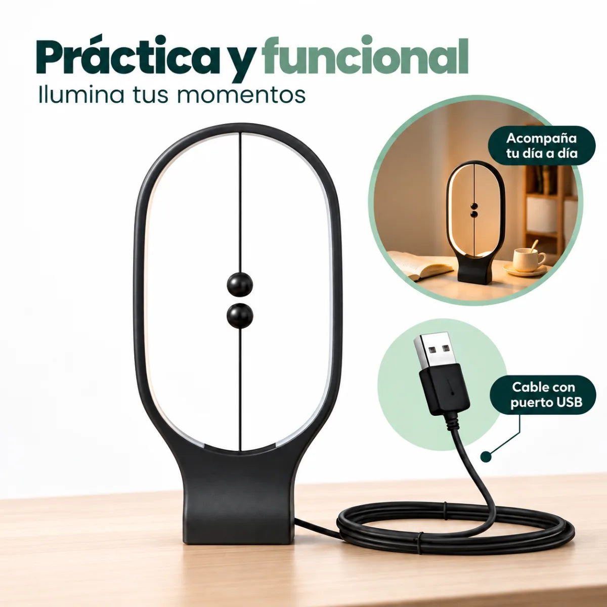 Lámpara de mesa magnética con diseño ovalado moderno y conexión por cable