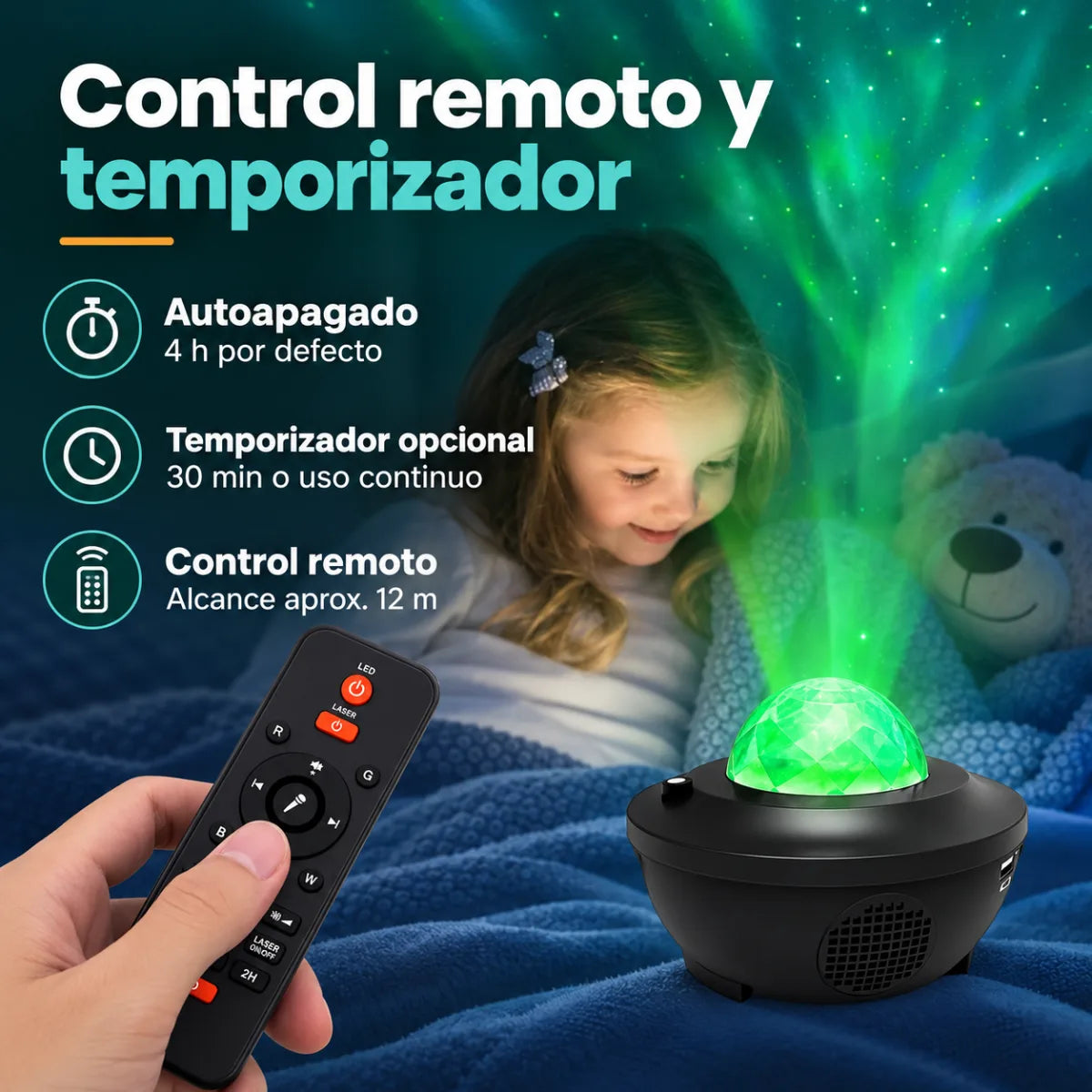 Proyector galaxia con control remoto y temporizador para personalizar la iluminación del ambiente