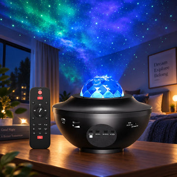Proyector galaxia LED con control remoto para crear efectos de estrellas y nebulosas en el dormitorio