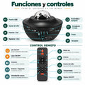 Proyector galaxia con controles para cambiar colores, efectos, brillo y modos de iluminación