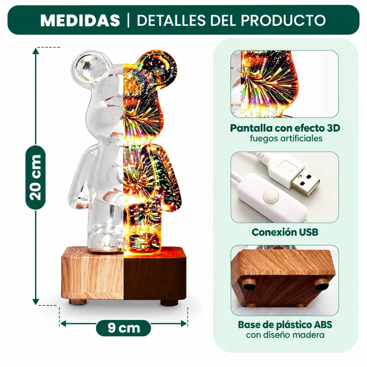 Medidas de la lámpara decorativa de oso con luz LED multicolor y base compacta