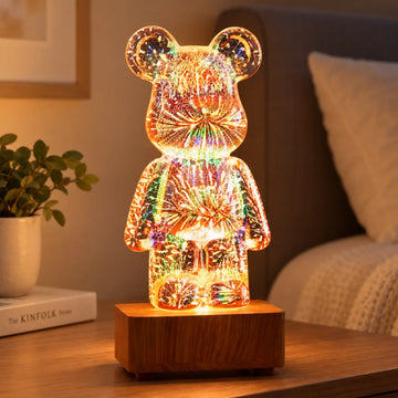 Lámpara decorativa de oso con luz LED multicolor y base efecto madera