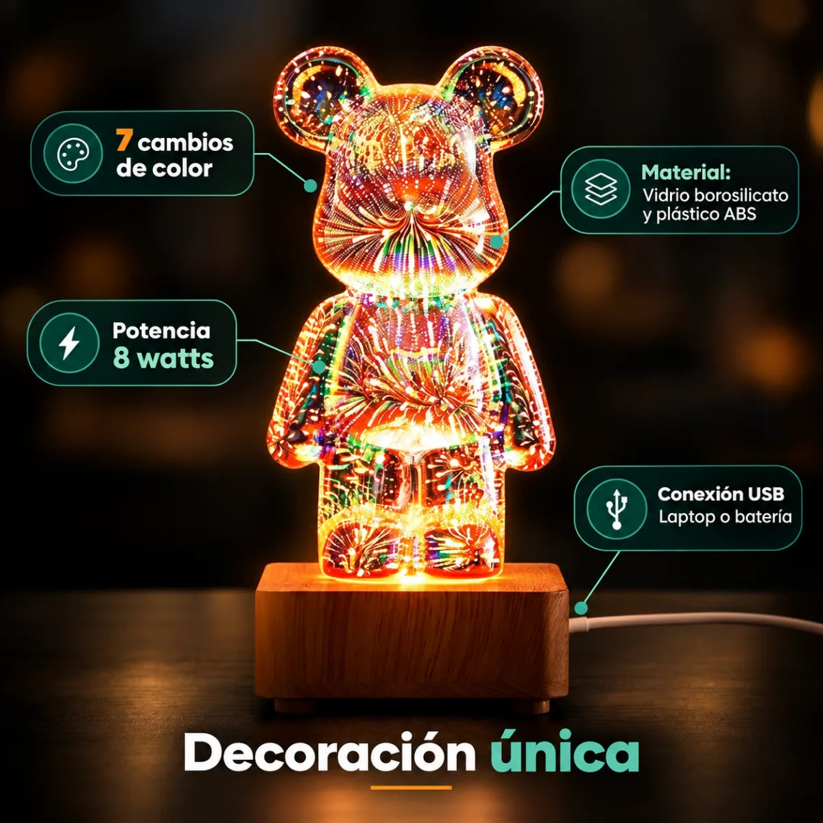 Lámpara de oso con luces LED multicolor y diseño moderno para decoración de interiores