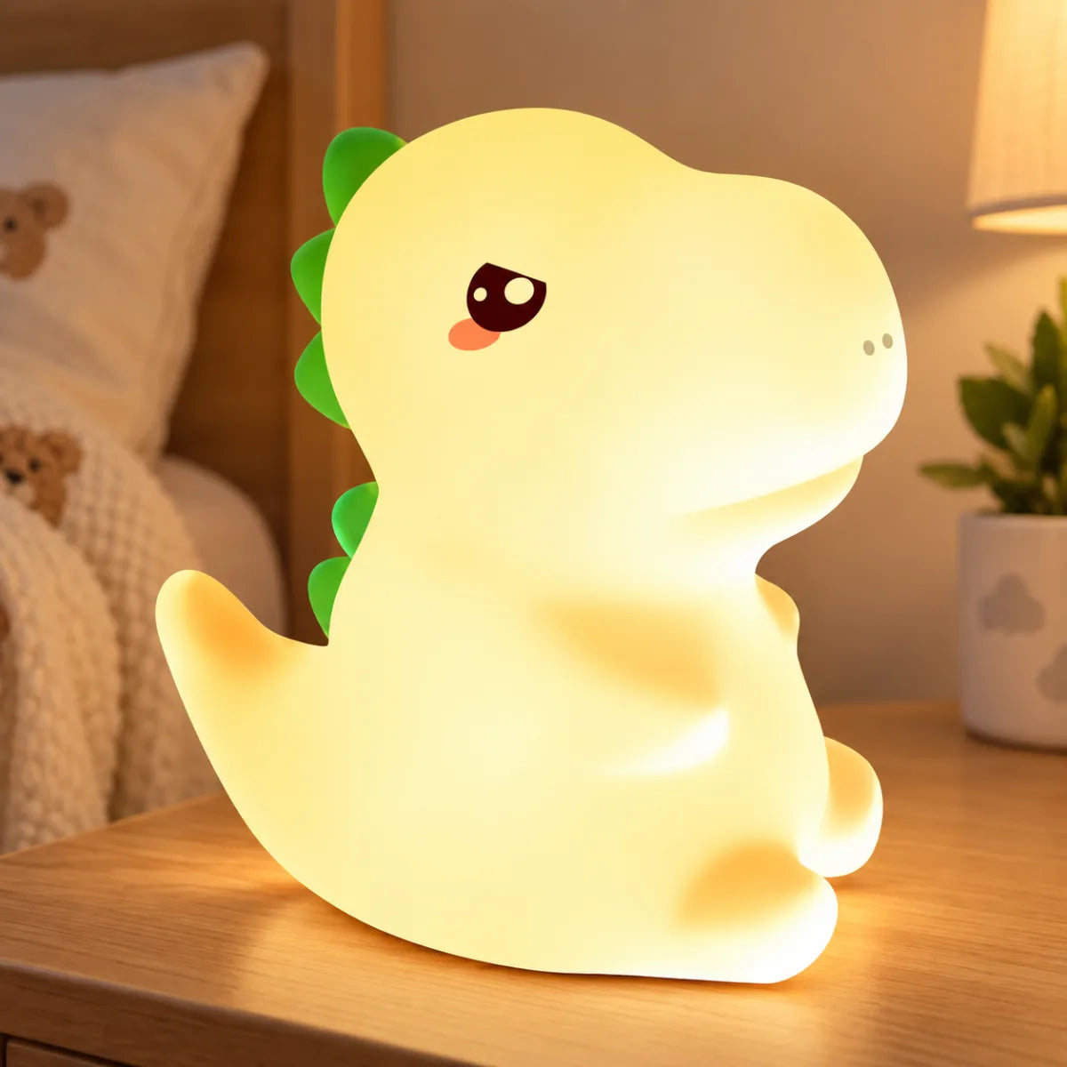 Lámpara nocturna de dinosaurio con luz LED cálida y diseño infantil para dormitorio