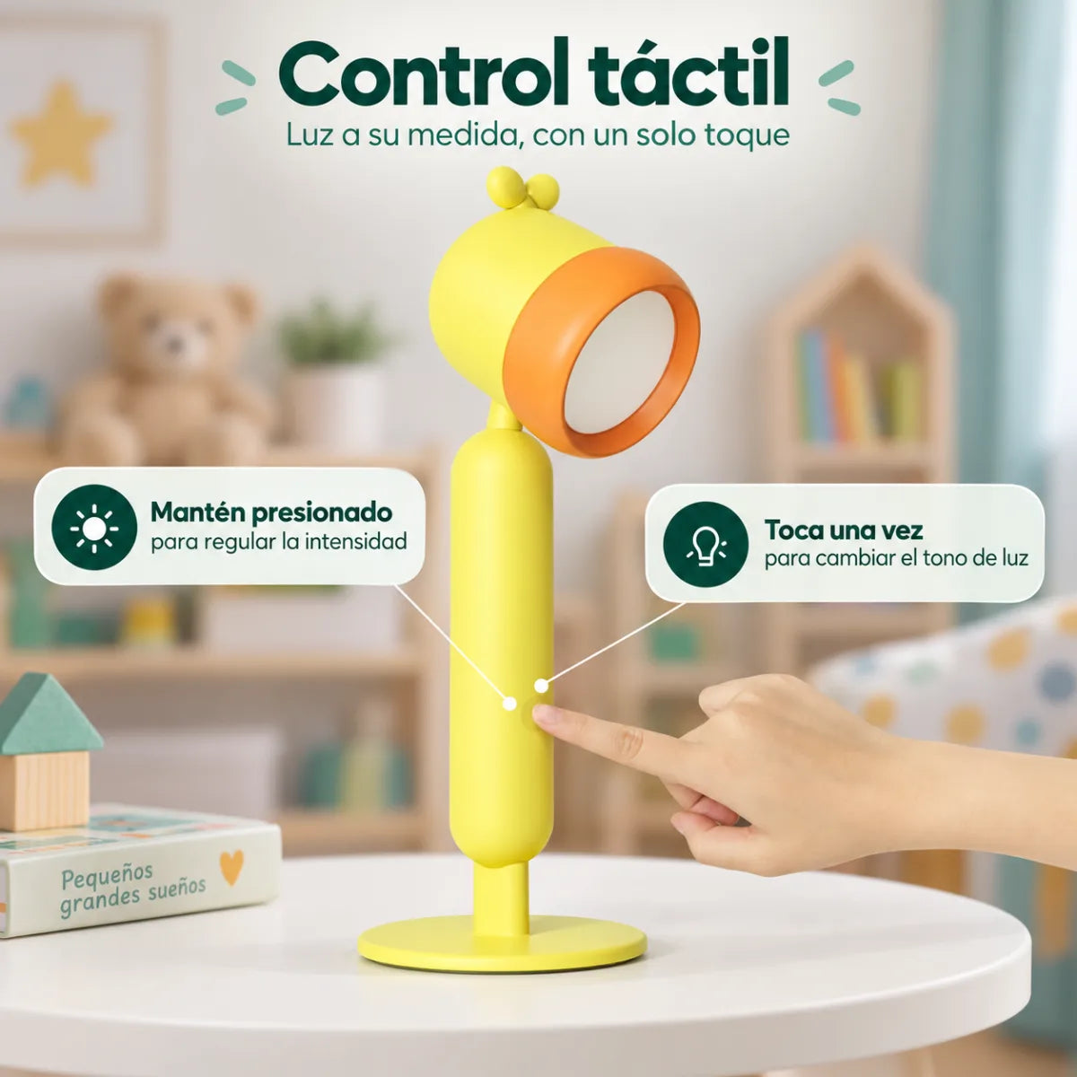 Lámpara LED infantil con control táctil para encender y ajustar la iluminación fácilmente