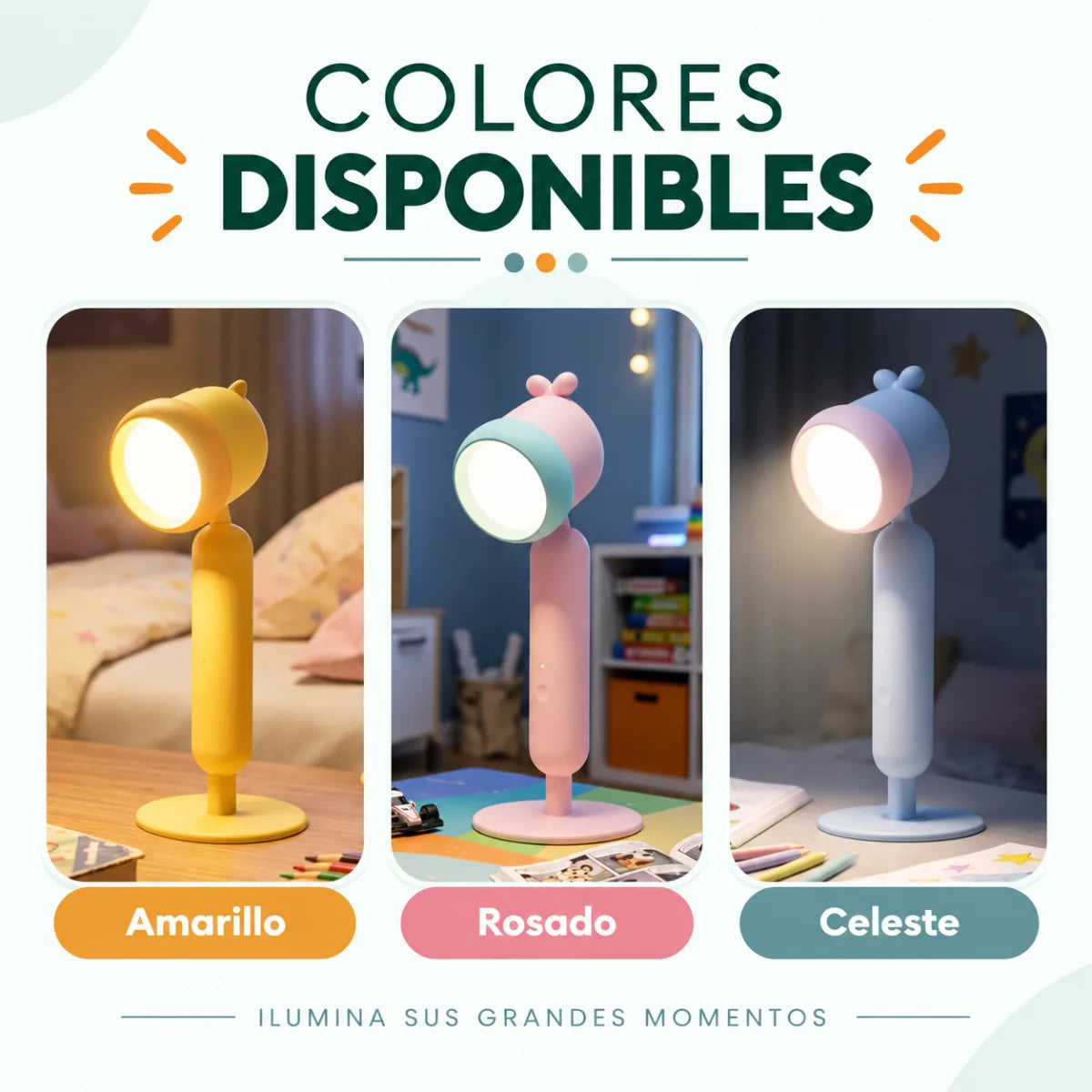 Lámpara infantil de escritorio disponible en colores amarillo, rosado y celeste