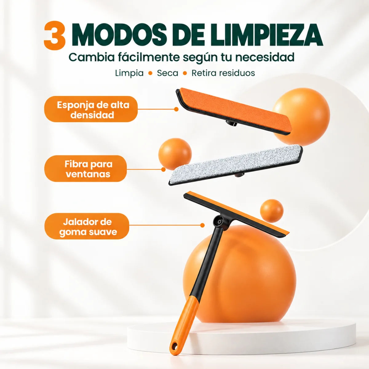 Limpiavidrios 3 en 1 con diferentes modos de uso para lavar, limpiar y secar superficies