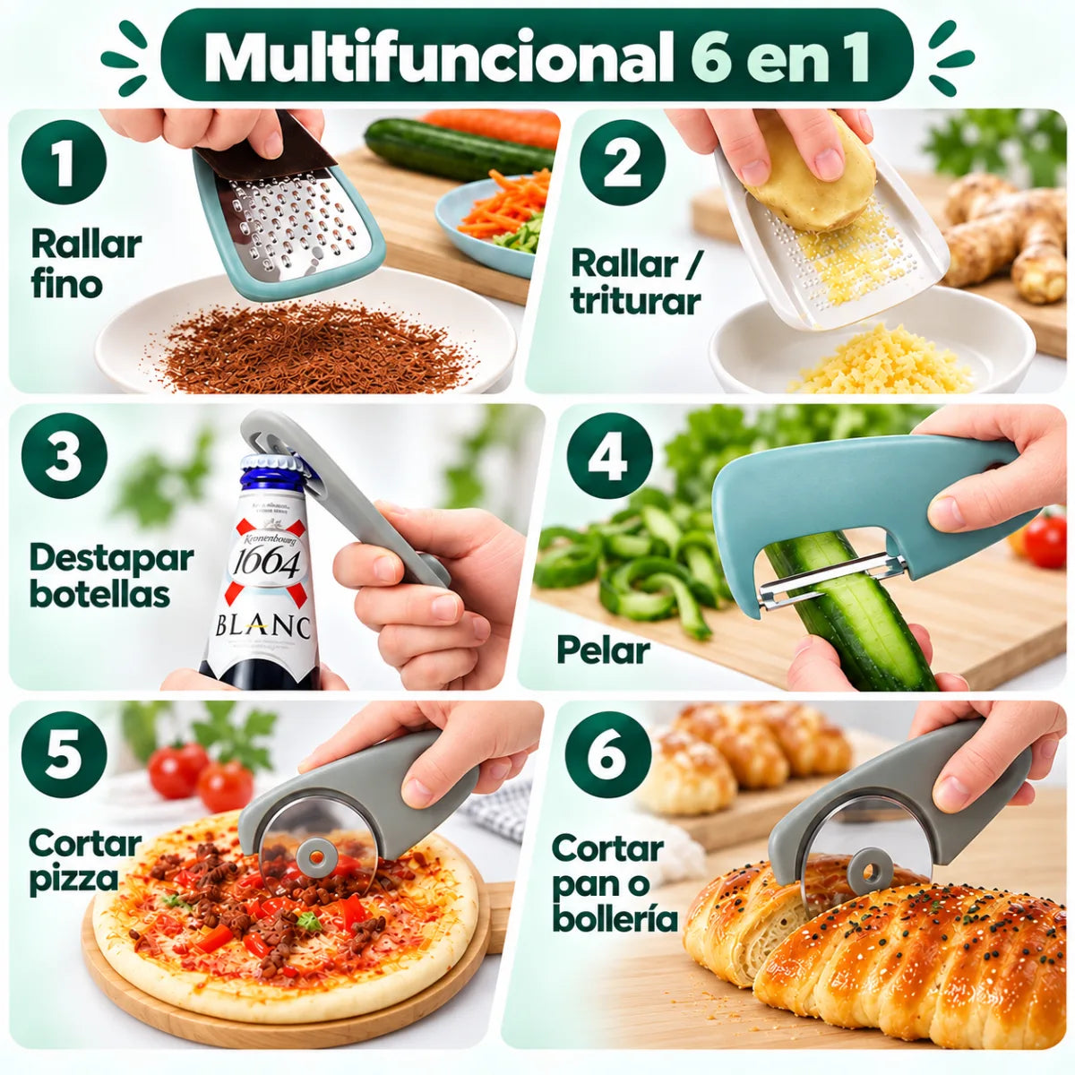 Rallador 6 en 1 para rallar, cortar y preparar verduras, queso y otros alimentos