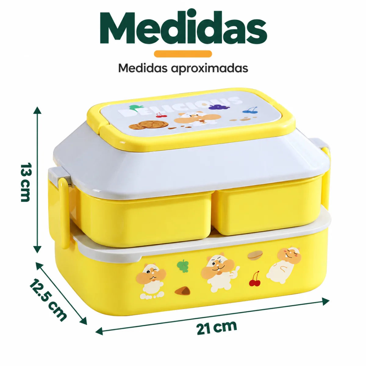 Medidas de la lonchera infantil de 2 niveles con compartimentos y asa superior