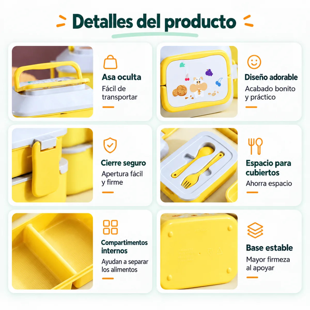 Lonchera de 2 niveles con compartimentos internos, cierre práctico y diseño compacto para niños