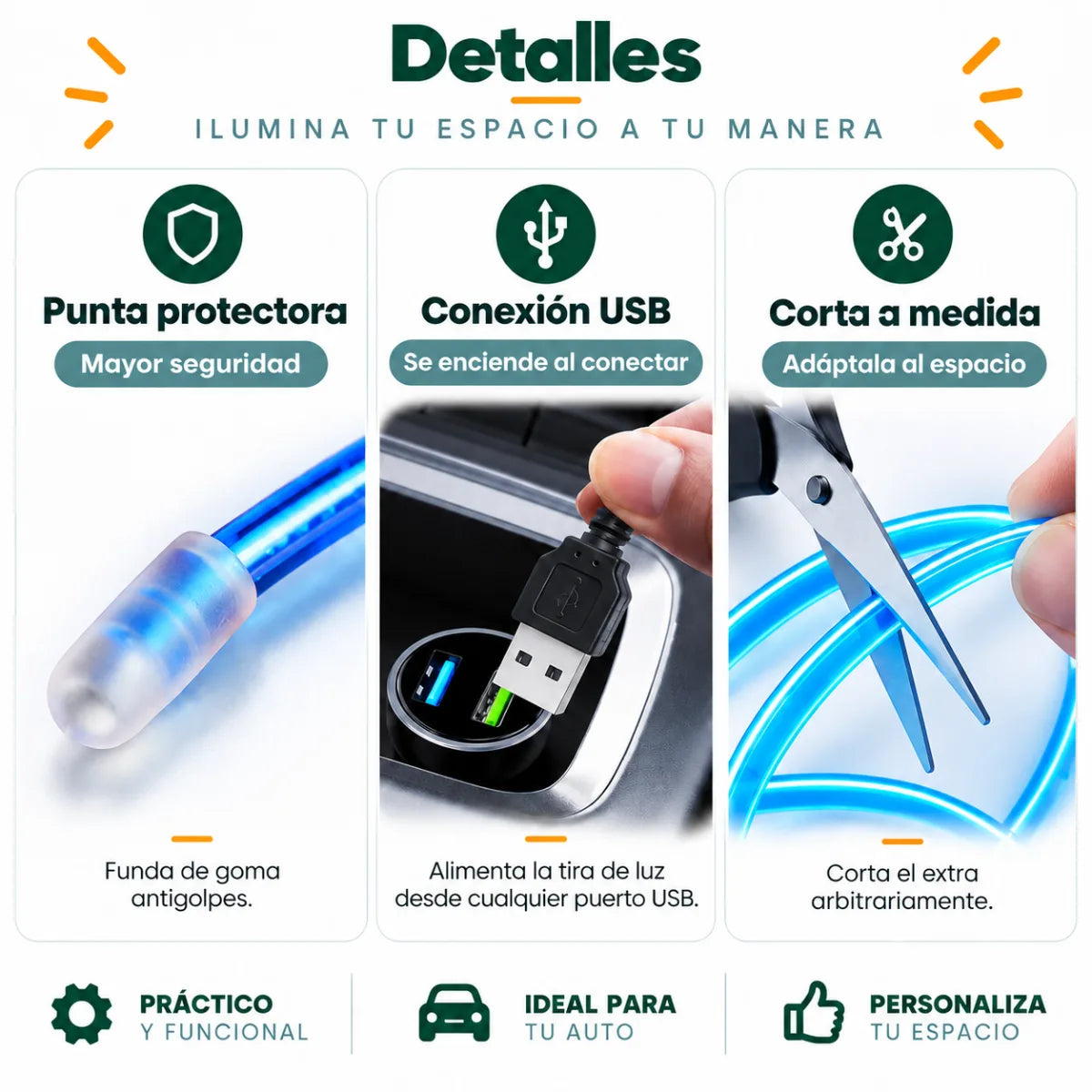 Tira LED flexible para vehículo con conector USB y herramienta para instalación