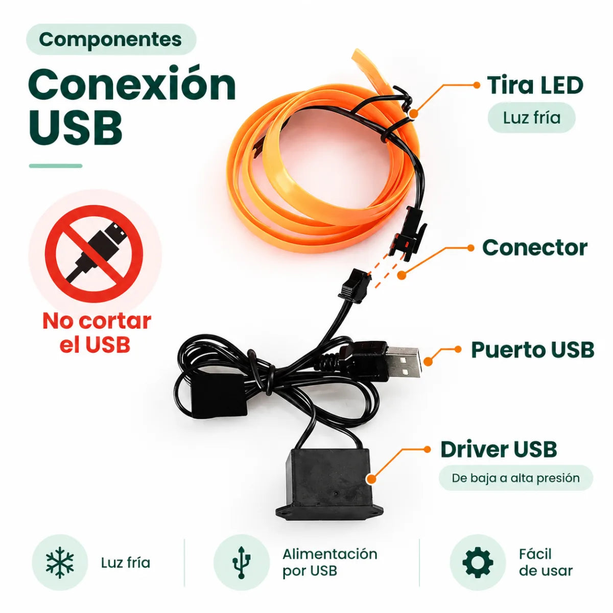 Tira LED para vehículo con conexión USB y cable de alimentación para luz ambiental