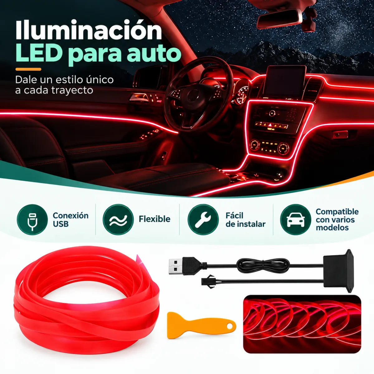 Luces LED para interior de auto con tira flexible para tablero, puertas y consola