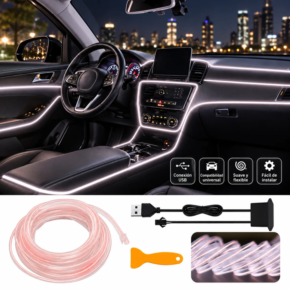 Iluminación decorativa para auto con luz LED azul instalada en tablero y puertas