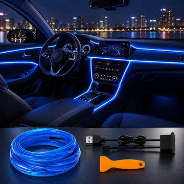 Tira LED para auto con conexión USB y luz ambiental azul para decorar el interior del vehículo