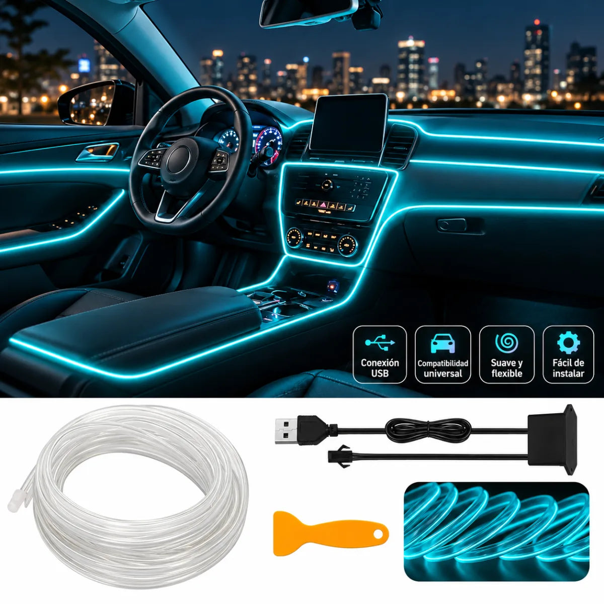 Tira LED para auto color blanco con conexión USB y accesorios de instalación