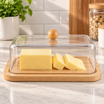 Mantequillera con tapa transparente y base de bambú para conservar y servir mantequilla
